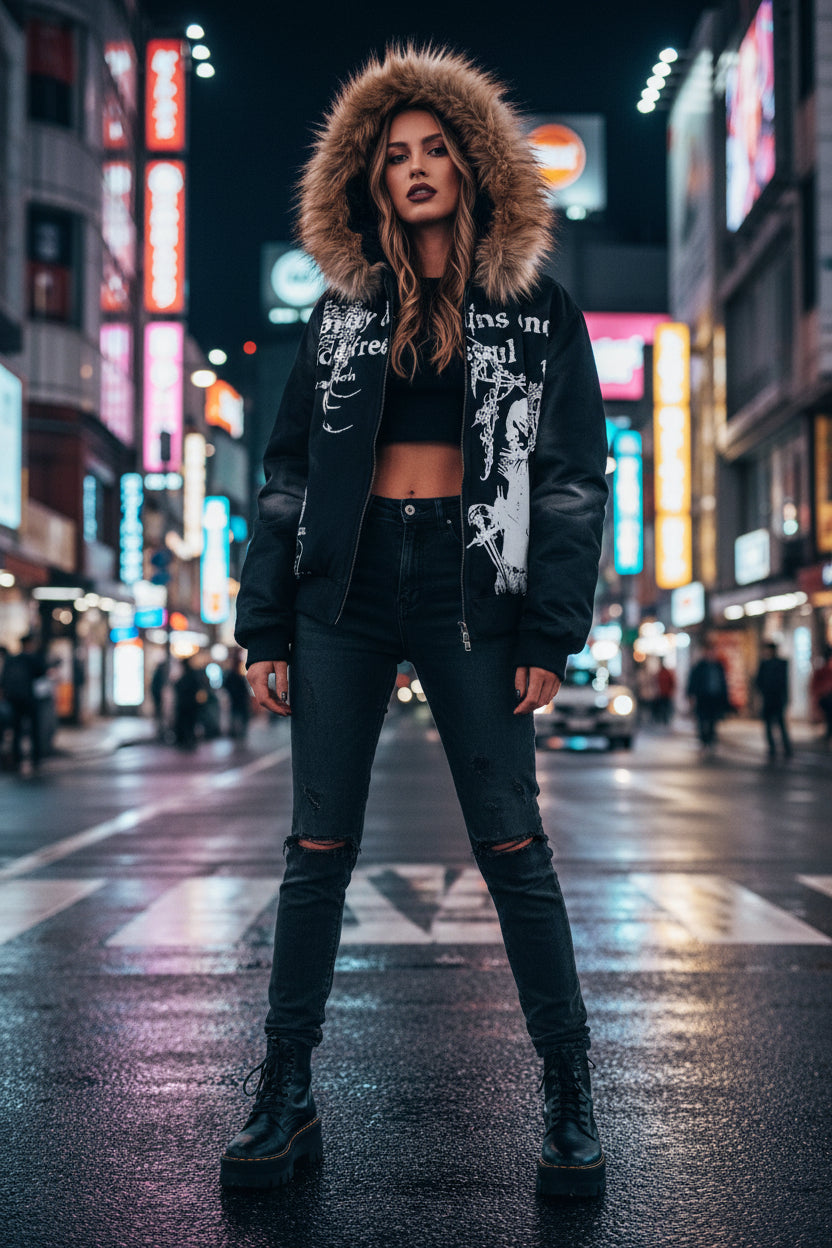 Tokyo Fur‑Collar Hoodie – Ligne Tokyo | Sweat Imprimé Dark & Élégant