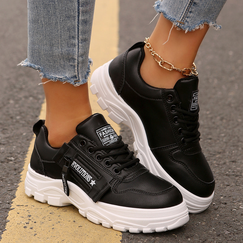 Lace-up Sports Shoes With Side-Zipper Design Fashion Thick-soled Round-toe Casual Shoes For Women Sneakers.