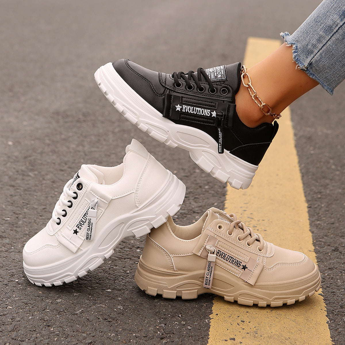 Lace-up Sports Shoes With Side-Zipper Design Fashion Thick-soled Round-toe Casual Shoes For Women Sneakers.