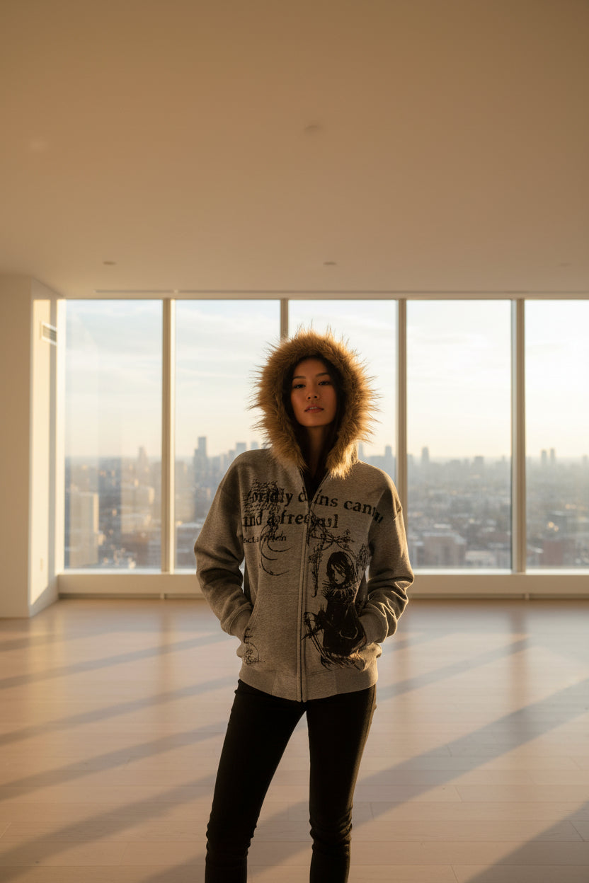 Tokyo Fur‑Collar Hoodie – Ligne Tokyo | Sweat Imprimé Dark & Élégant