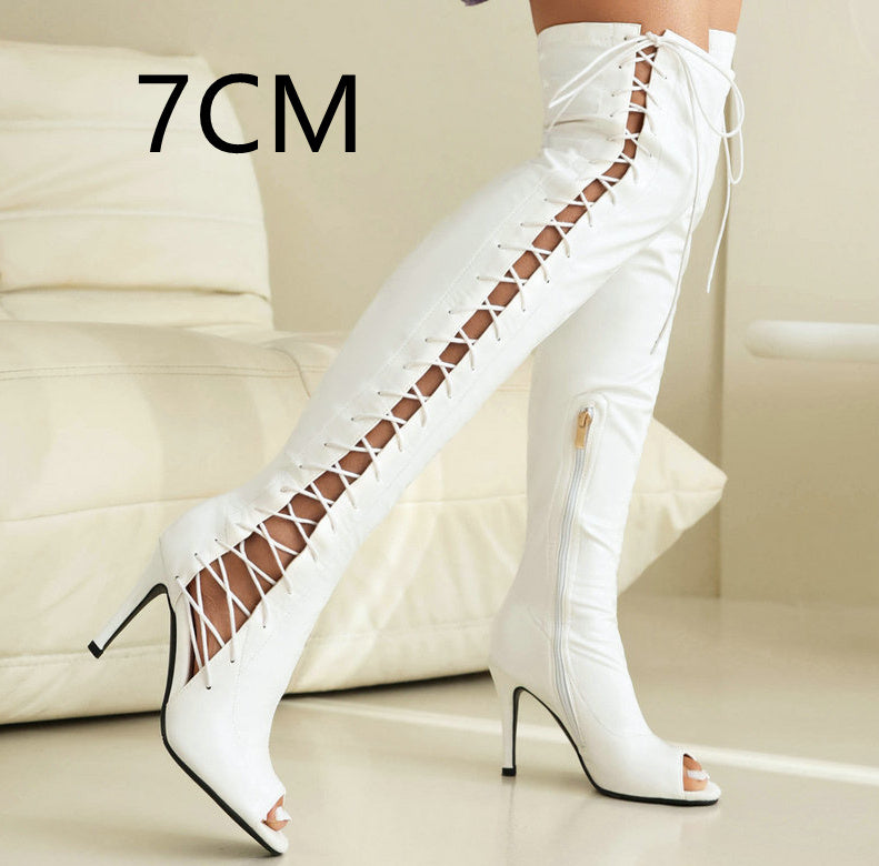 Cuissardes blanches vernies femme – Talon moyen 7 cm, matière brillante et souple
