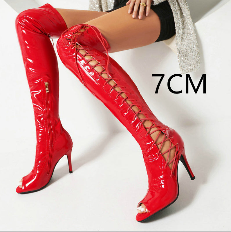 Cuissardes rouges vernies femme – Talon moyen 7 cm, matière stretch effet laqué

