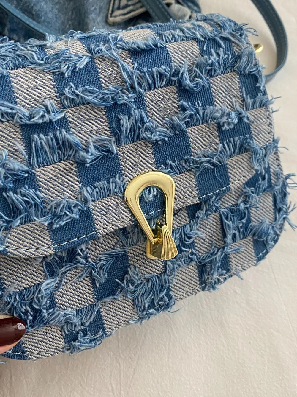 Checkered Raw Hem Adjustable Strap Crossbody Bag.