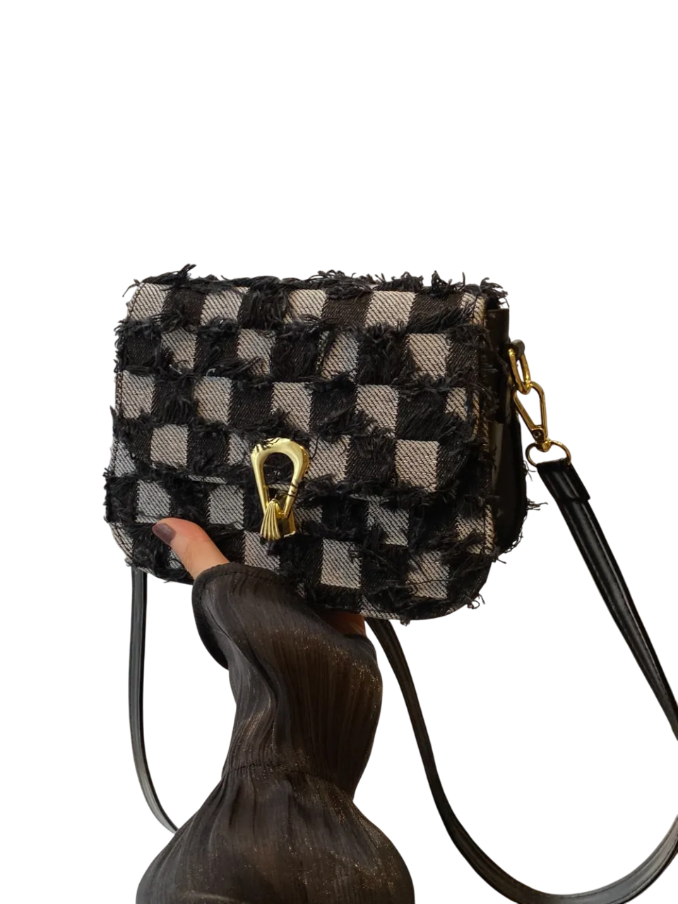 <img src="https://genacampbell.shop/images/le-oberkampf-checkered-crossbody.jpg" alt="Le Oberkampf · Sac à bandoulière au motif damier graphique · Création Gena Campbell · Format compact ≈ 22×18 cm · Jean et matières synthétiques résistantes · Ourlet brut volontaire · Sangle ajustable pour port épaule ou croisé · Fermeture zippée sécurisée · Coloris Azur, Bleu marine foncé & Noir · Style urbain & nomade pour femme affirmée">
