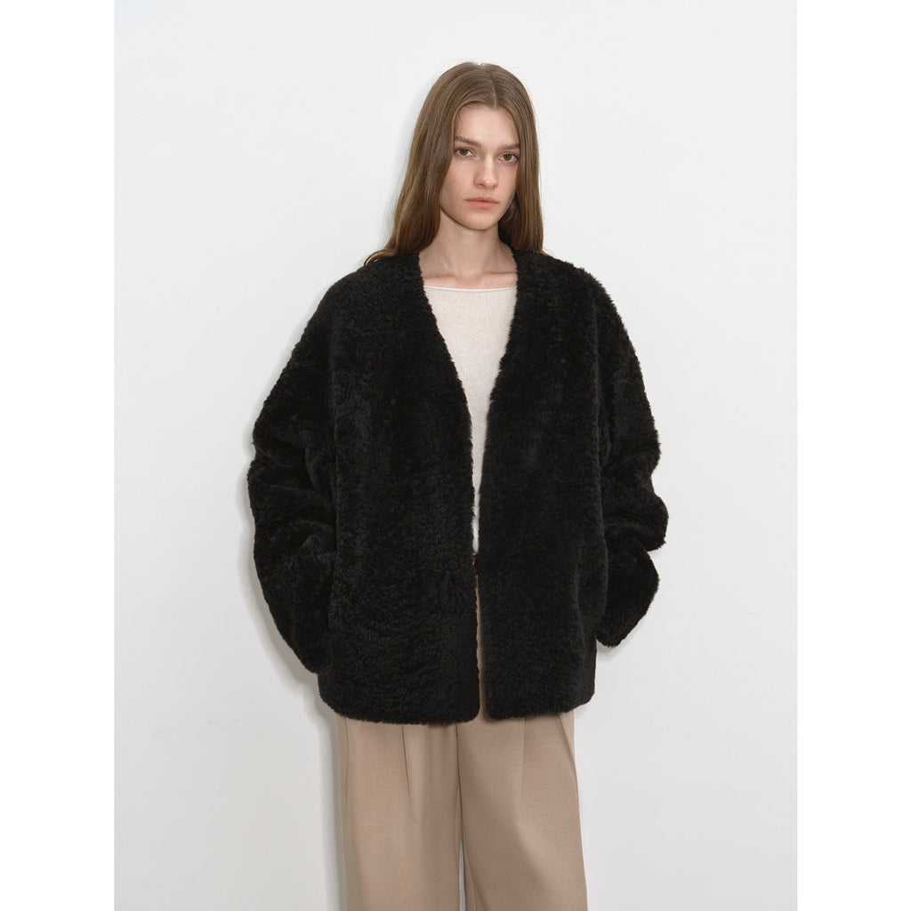 Paris Night" luxury lightweight v-neck mid-length imported ragone sheepskin fur coat