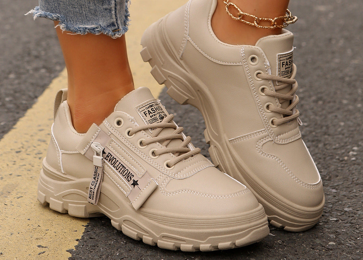 Lace-up Sports Shoes With Side-Zipper Design Fashion Thick-soled Round-toe Casual Shoes For Women Sneakers.