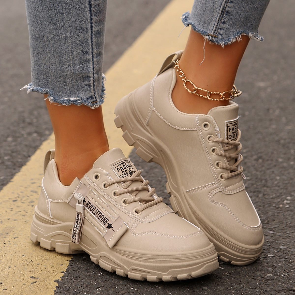 Lace-up Sports Shoes With Side-Zipper Design Fashion Thick-soled Round-toe Casual Shoes For Women Sneakers.