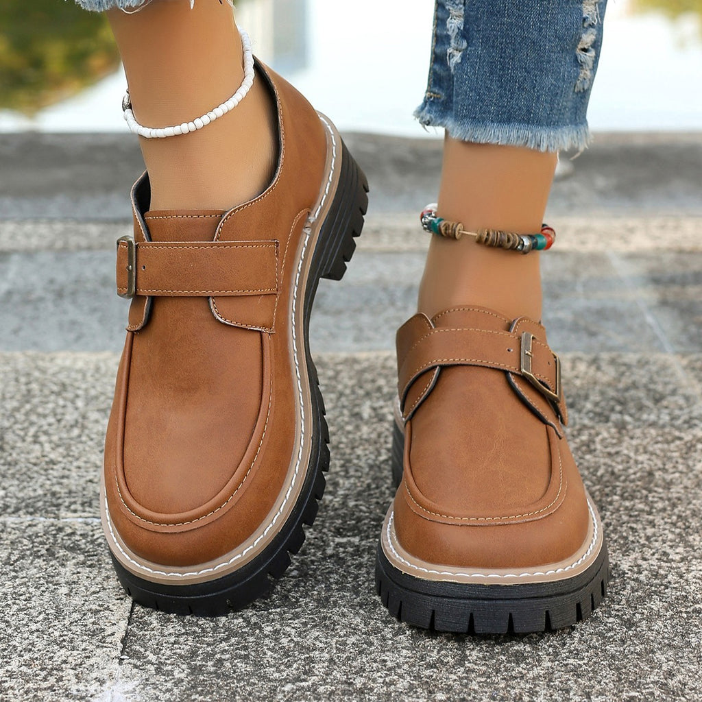 Fashion Buckle Loafers For Women British Style Height-increasing Thick-soled Casual Shoes.